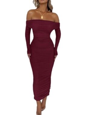 NWT PRETTYGARDEN Off Shoulder Bodycon Long Sleeve Ruched Maxi Dress Size Small